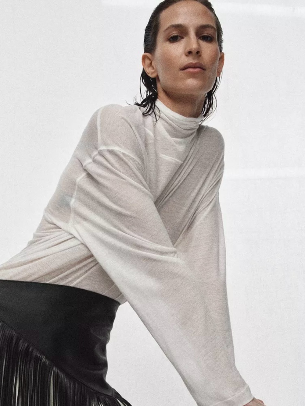 Zara White Turtleneck Draped Women's Sweater